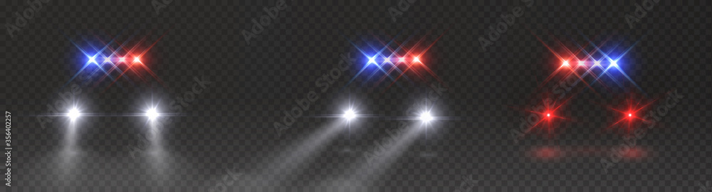 Police headlights flares and siren effect front view. Realistic emergency car lights set isolated on transparent background. Vector special red blue bar beams at night - obrazy, fototapety, plakaty 