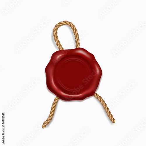 Stamp or wax seal with rope isolated on white background. Vector red certificate quality symbol. 3d old realistic round medieval decorative element design