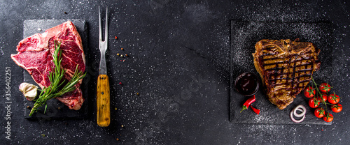 Cooking meat background. Raw and grilled beef t-bone steak, with spices and herbs for cooking on a gray table background top view