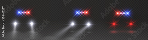 Police headlights flares and siren effect front view. Realistic emergency car lights set isolated on transparent background. Vector special red blue bar beams at night