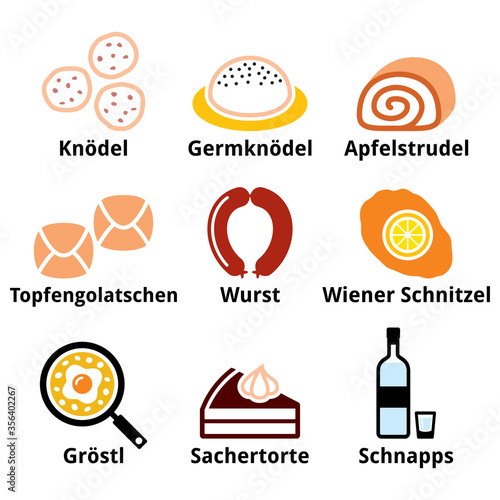 	
Austrian food, Austrian cuisine - traditional meals an drink vector icon set 
