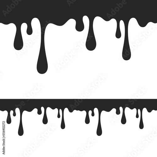 Drips of oil, sauce or paint isolated on white background. Black chocolate melt liquid splash borders. Vector ink drops seamless patterns