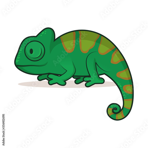 Green chameleon on a white background. Colorful flat vector illustration with outline, isolated.