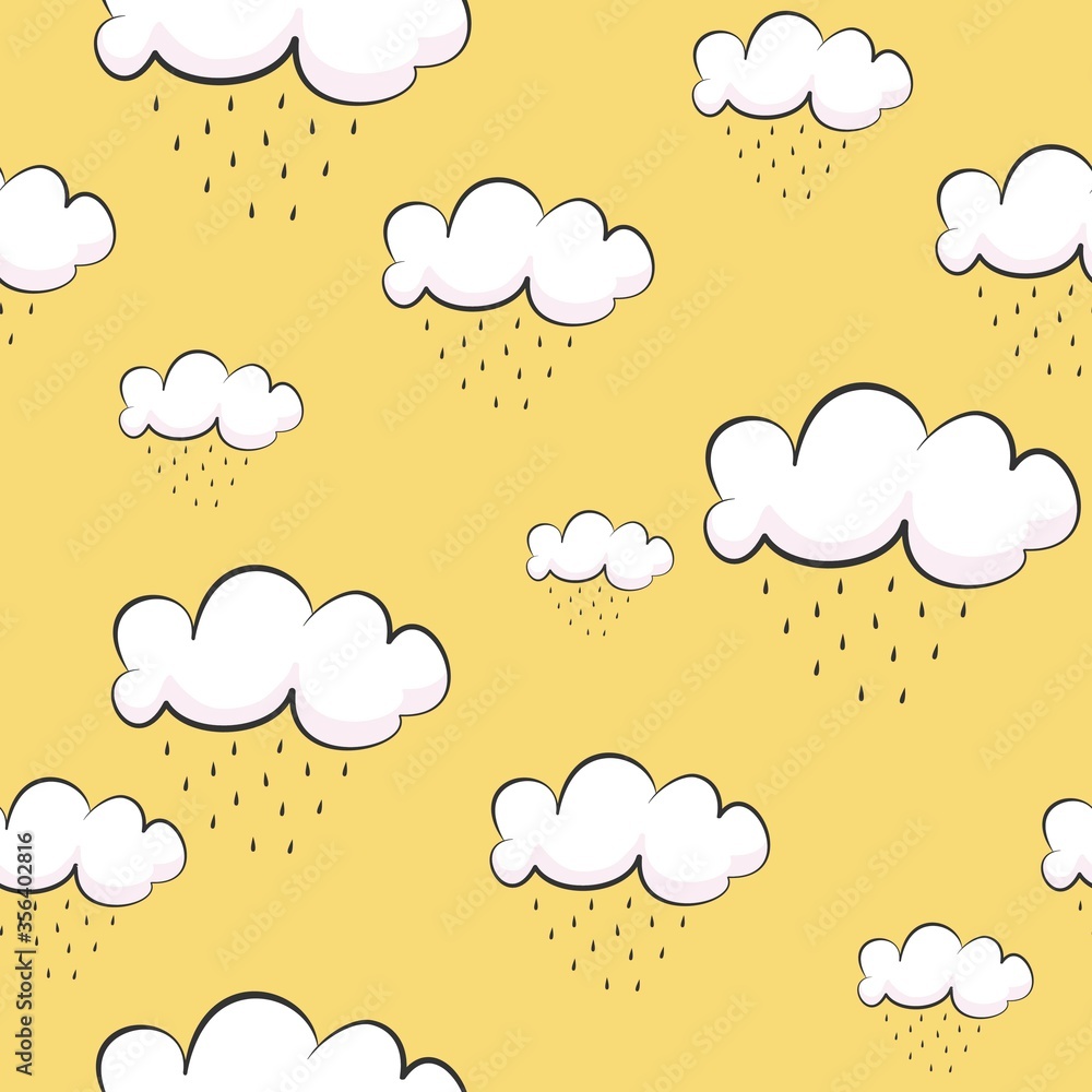 Seamless pattern of clouds with rain on yellow background.