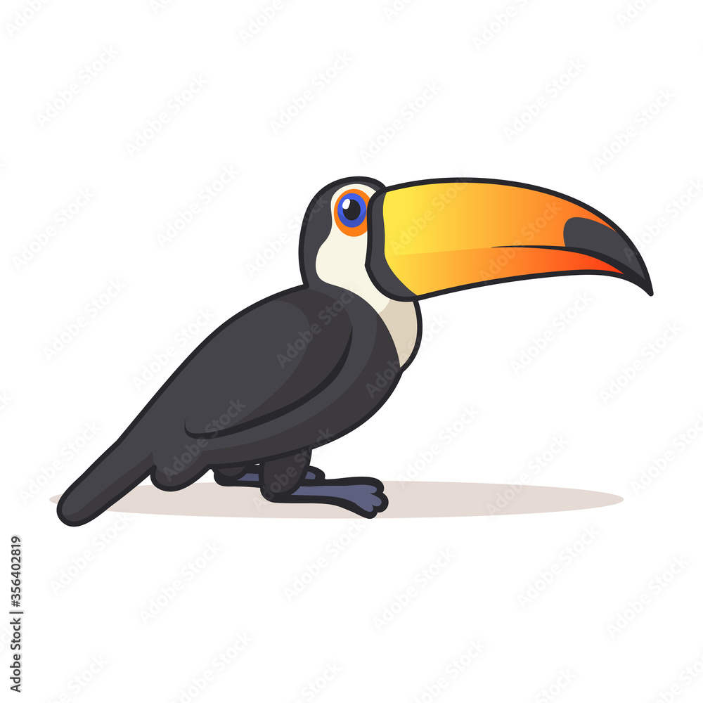 Obraz premium Cute toucan sitting. Colorful flat vector illustration with outline, isolated on white background.