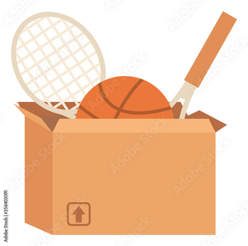Sport equipment in box, garage sale or declutter vector. Tennis or badminton rackets and basketball, sporting items selling, second hand goods, trade