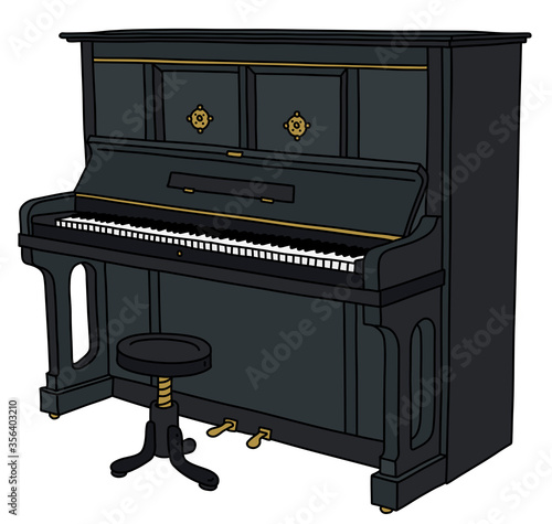 The vectorized hand drawing of a black opened pianino with a chair