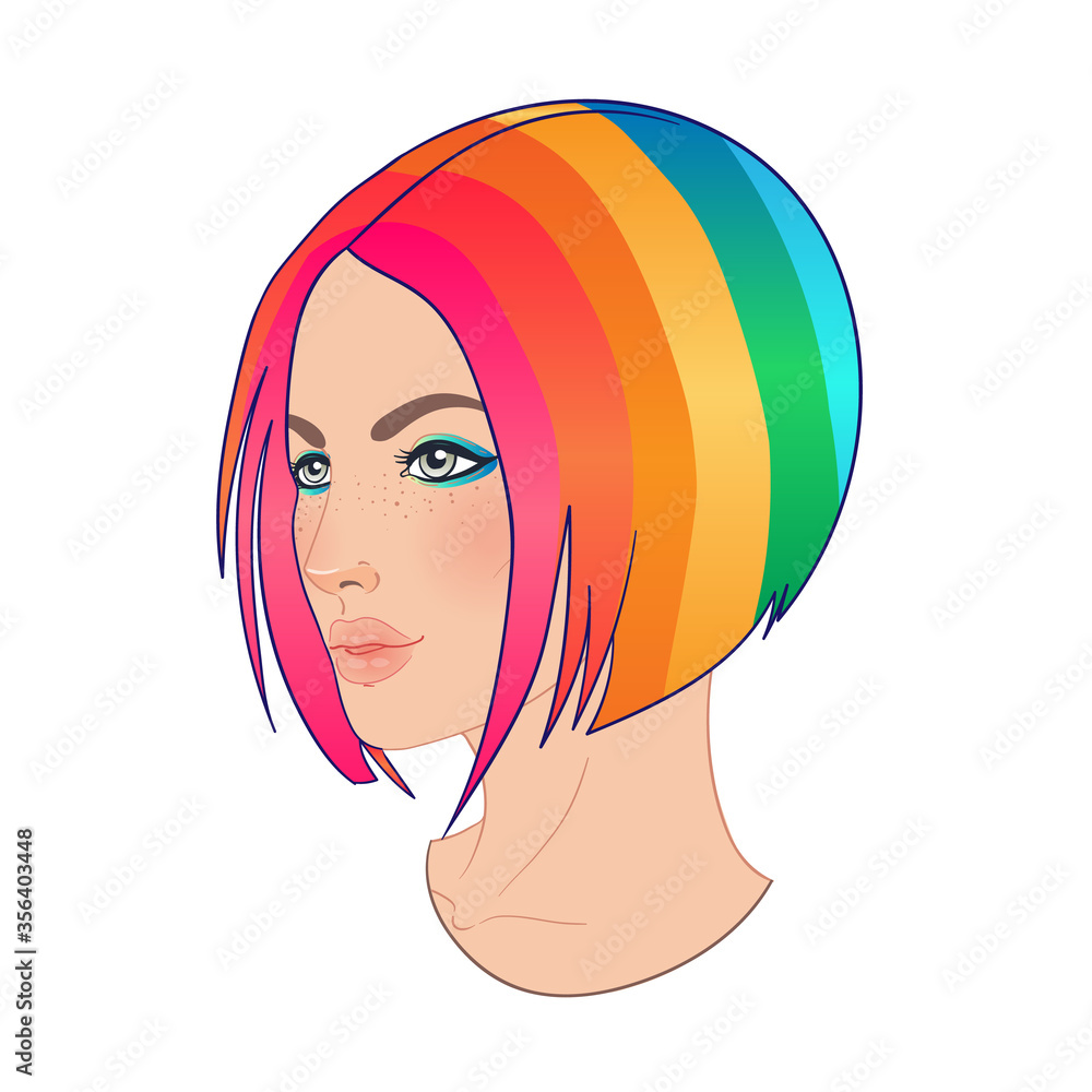 LGBT person with rainbow hair. Feminine girl or trans person. Gay Pride.  LGBTQ concept. Isolated on white vector colorful illustration. Sticker,  patch, t-shirt print, logo design. Stock Vector | Adobe Stock