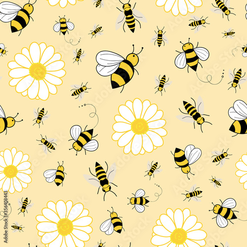 Seamless pattern vector bees with flowers on yellow background