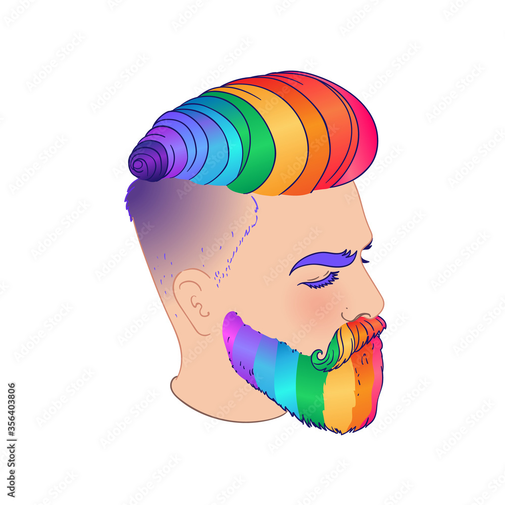 LGBT person with rainbow hair an beard. Caucasian man. Gay Pride. LGBTQ  concept. Isolated on white vector colorful illustration. Sticker, patch,  t-shirt print, logo design. Stock Vector | Adobe Stock