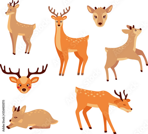 Bundle of adorable deers characters jumping, 
sleeping, eating. Faces. Set of cute forest animals isolated on white background. Flat cartoon vector illustration. Nursery room decoration elements
