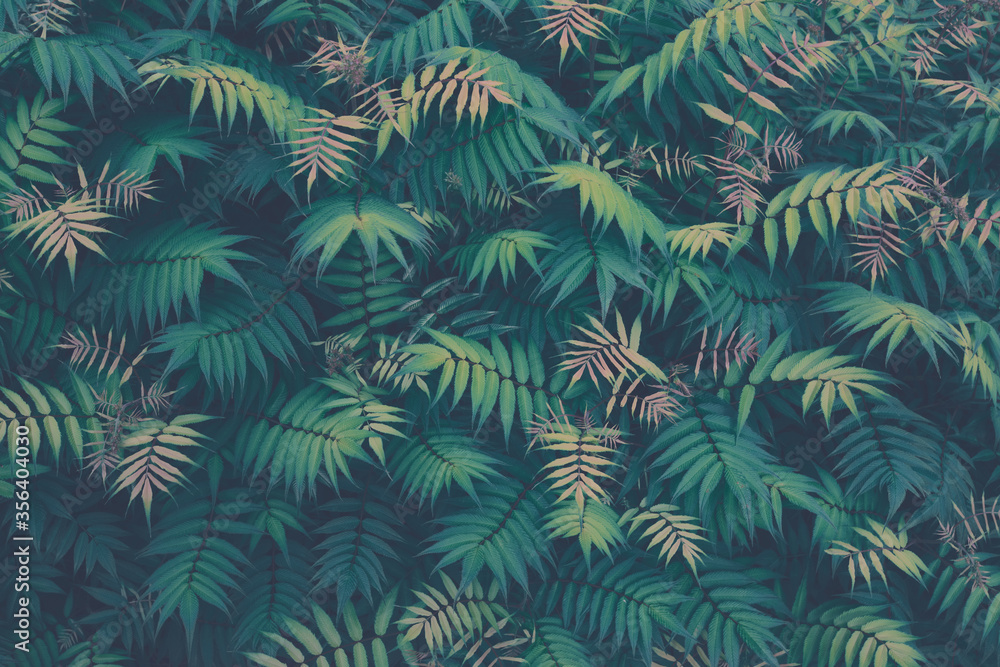Tropical plants seamless pattern. Spring background with green leaves. Seamless flower and palm tree leaf. View from above.