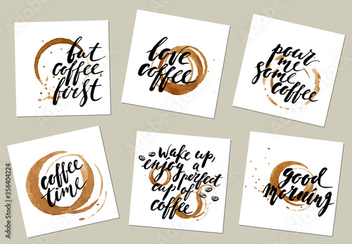 Hand drawn ink labels with lettering and coffee cup prints and stains.