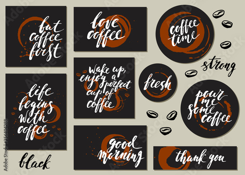 Set of coffee cards with lettering and cup prints.