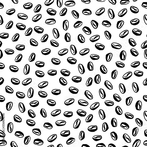 Hand drawn doodle seamless pattern. Black ink coffee beans background.