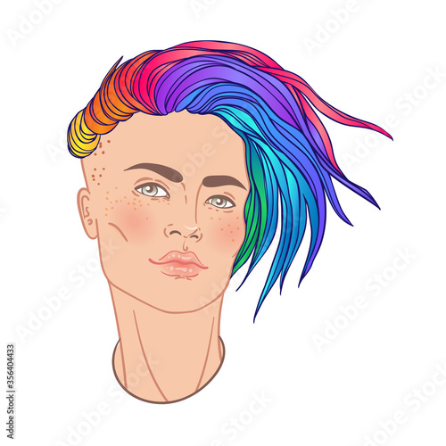 LGBT person with rainbow hair. Non binary caucasian person. Gay Pride. LGBTQ concept. Isolated on white vector colorful illustration. Sticker, patch, t-shirt print, logo design.