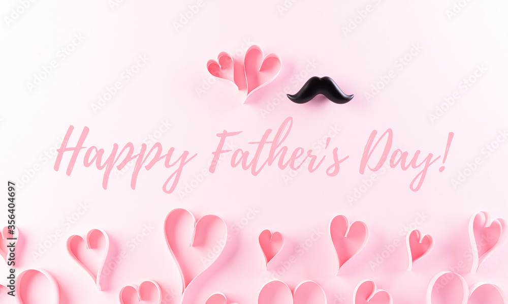 Happy Fathers Day background concept with pink heart, mustache and the text 