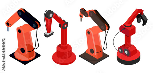 Set automated robotic mechanisms isolated on white. Factory robotic machines used in automated productions to reduce number or workers. Factory with modern technologies. Vector illustration isometric