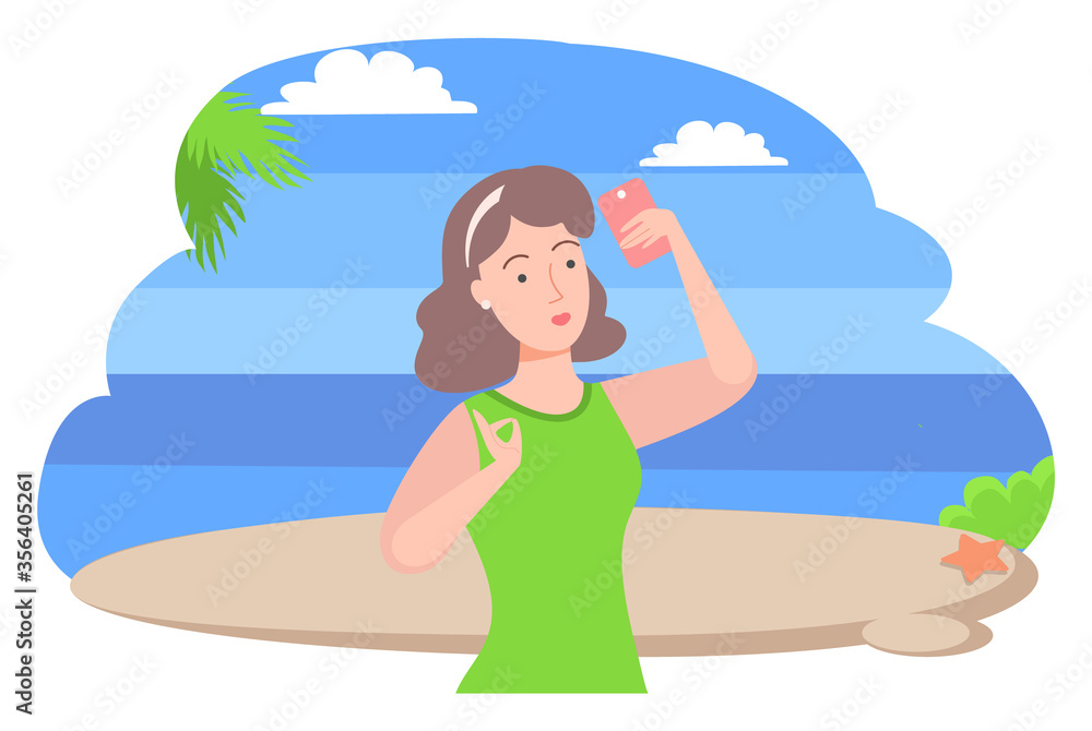 Traveling female character taking selfie on phone vector, woman with smartphone posing at beach. Seascape and greenery, starfish on sand, water and beach Traveling female character taking selfie on phone vector, woman with smartphone posing at beach. Seascape and greenery, starfish on sand, water and beach