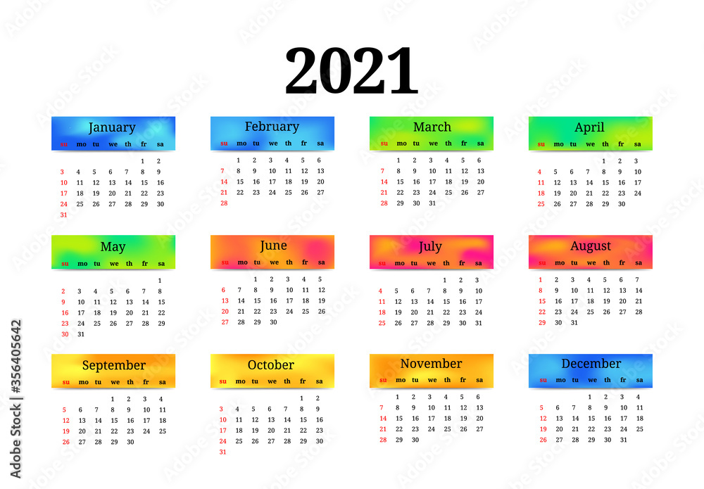 Calendar for 2021 isolated on a white background Calendar for 2021 isolated on a white background