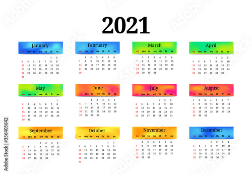 Calendar for 2021 isolated on a white background