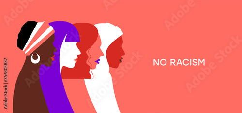 No racism. Image of girls faces in profile of different nationalities, a poster with the phrase no racism. Text message to protest. Typographic banner design on a red background. Vector illustration.