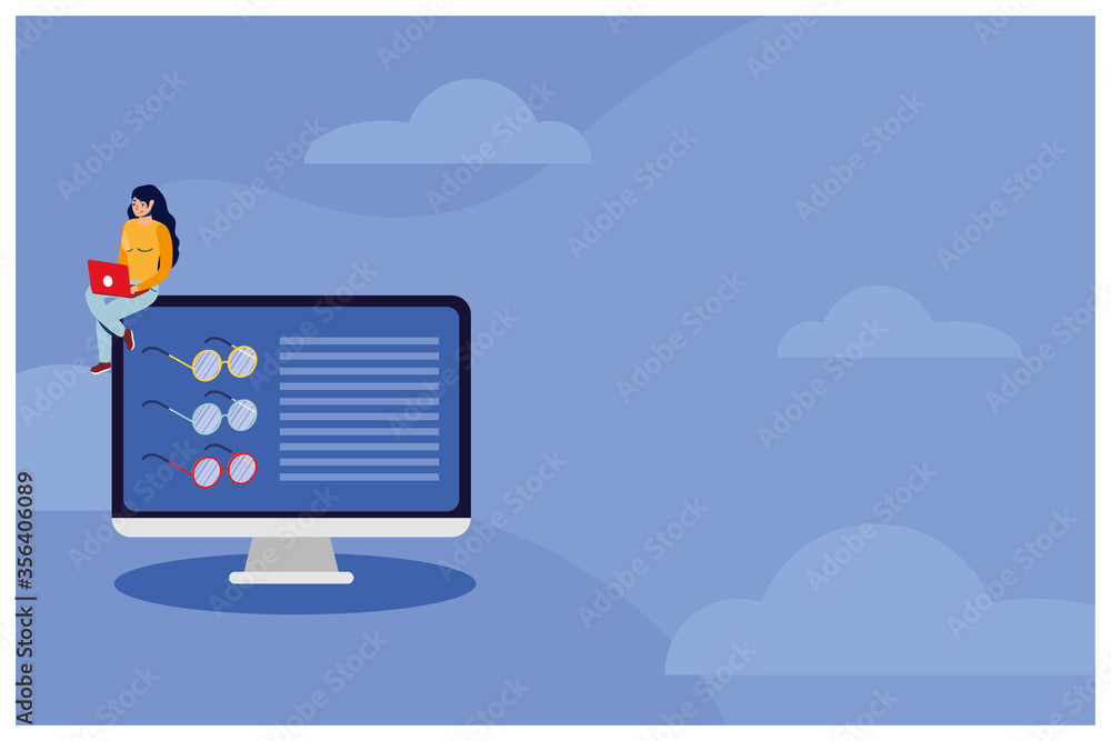 shopping online ecommerce with woman using laptop and desktop shopping online ecommerce with woman using laptop and desktop