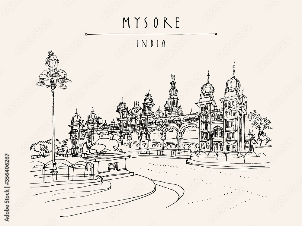 Mysore, Karnataka, India. Mysore palace. Vintage hand drawn postcard