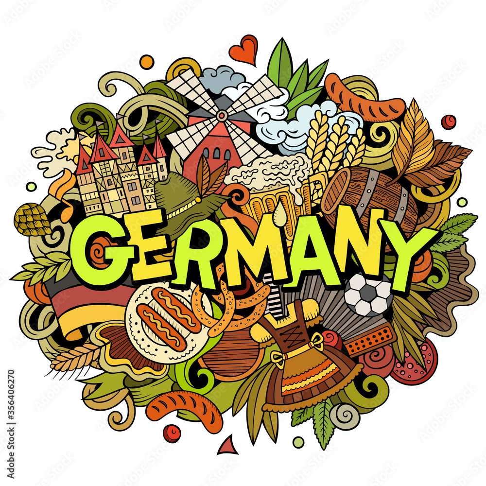 Germany hand drawn cartoon doodles illustration. Funny travel design.