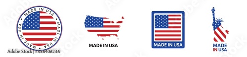 American National Holiday. Set of Made in USA icons. US Flags with American stars, stripes and national colors. 