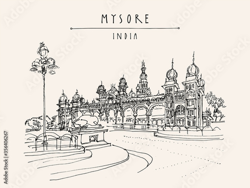 Mysore, Karnataka, India. Mysore palace. Vintage hand drawn postcard photo