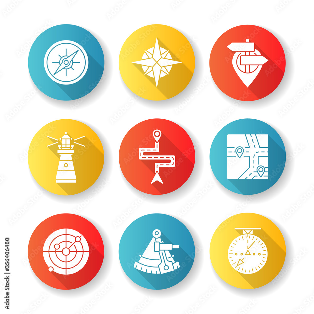 Navigation flat design long shadow glyph icons set. Geographical location positioning, cartography. Marine, aeronautic, celestial and land navigation. Silhouette RGB color illustration