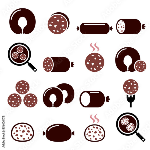 Canvas Print Black pudding sausage, haggis, white pudding food icons set in color