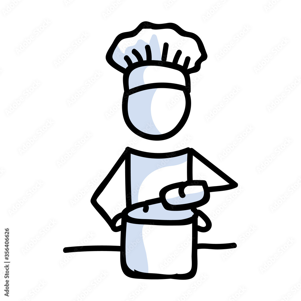 Cute stick figure chef cooking at home lineart icon. Dinner preparation ...