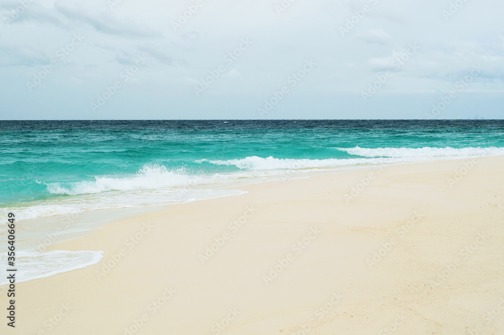 Sea wave with white foam waves approaching tropical clean beach in summer