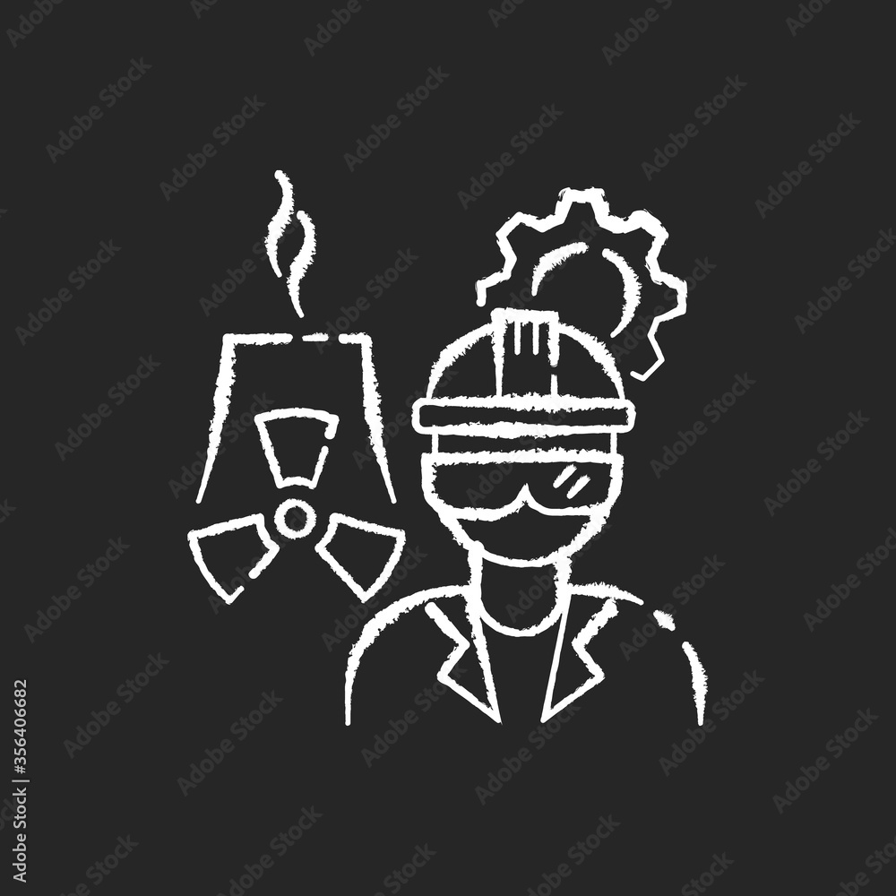 Nuclear engineer chalk white icon on black background. Heavy production on industrial factory. Employee for distillery work. Petrochemical specialist. Isolated vector chalkboard illustration Nuclear engineer chalk white icon on black background. Heavy production on industrial factory. Employee for distillery work. Petrochemical specialist. Isolated vector chalkboard illustration