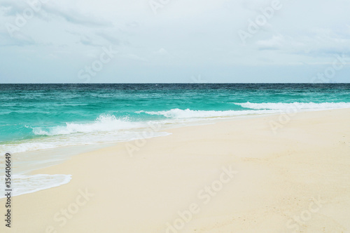 Sea wave with white foam waves approaching tropical clean beach in summer