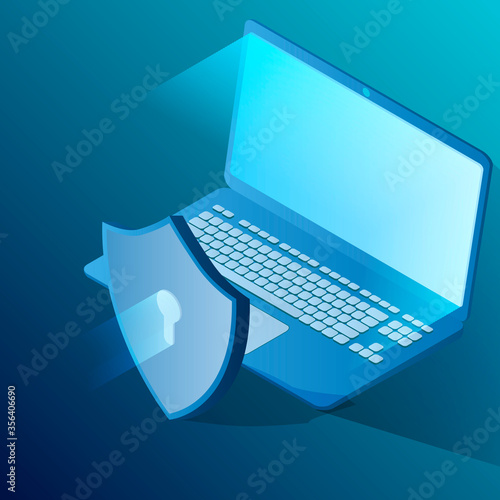 Protection and security of computer data.Isometric image of the laptop and shield.The concept of a secure connection.Vector illustration.