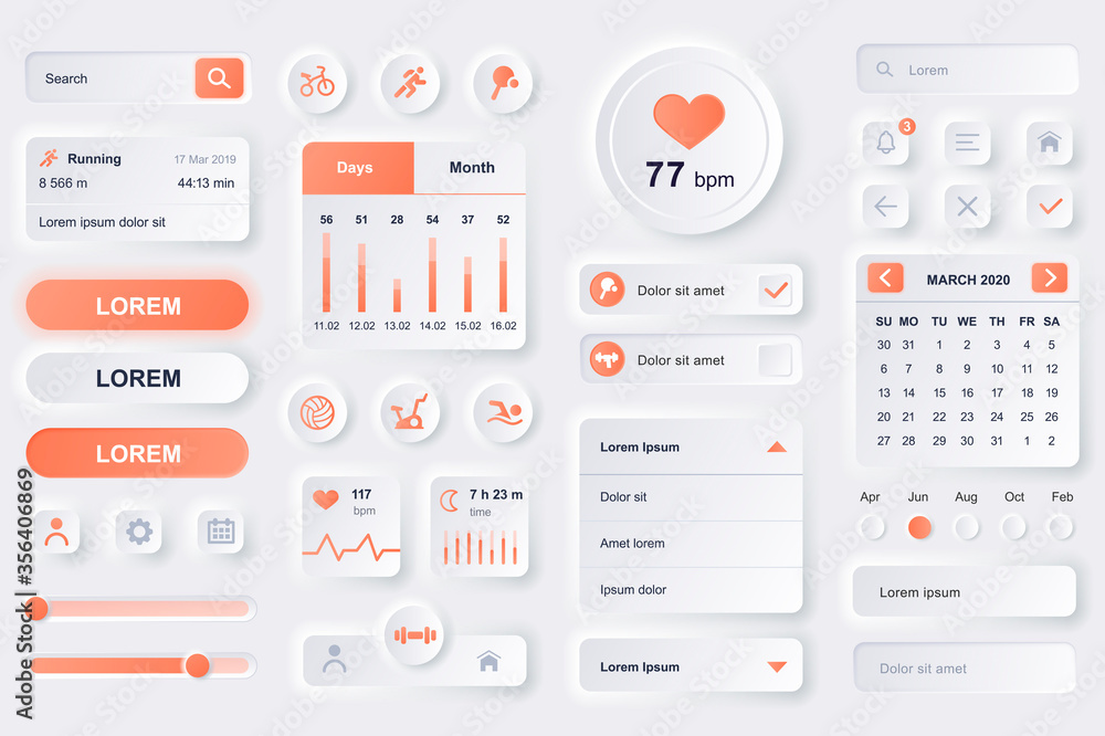 User interface elements for fitness workout mobile app. Fitness tracker, sport activity planner, heart rate monitor gui templates. Unique neumorphic ui ux design kit. Manage and navigation components. - obrazy, fototapety, plakaty 