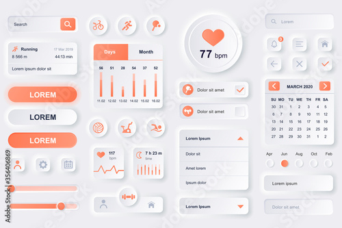 User interface elements for fitness workout mobile app. Fitness tracker, sport activity planner, heart rate monitor gui templates. Unique neumorphic ui ux design kit. Manage and navigation components. photo