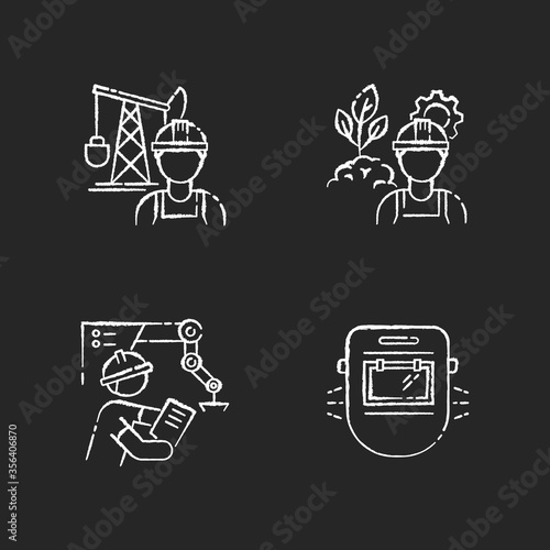 Engineer job chalk white icons set on black background. Petroleum extraction worker. Environmental engineering. Project management for factory work. Isolated vector chalkboard illustrations