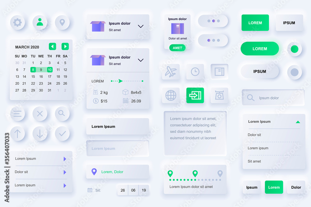 User interface elements for delivery mobile app. International express delivery, logistics and route tracking gui templates. Unique neumorphic ui ux design kit. Navigation, search form and components. User interface elements for delivery mobile app. International express delivery, logistics and route tracking gui templates. Unique neumorphic ui ux design kit. Navigation, search form and components.
