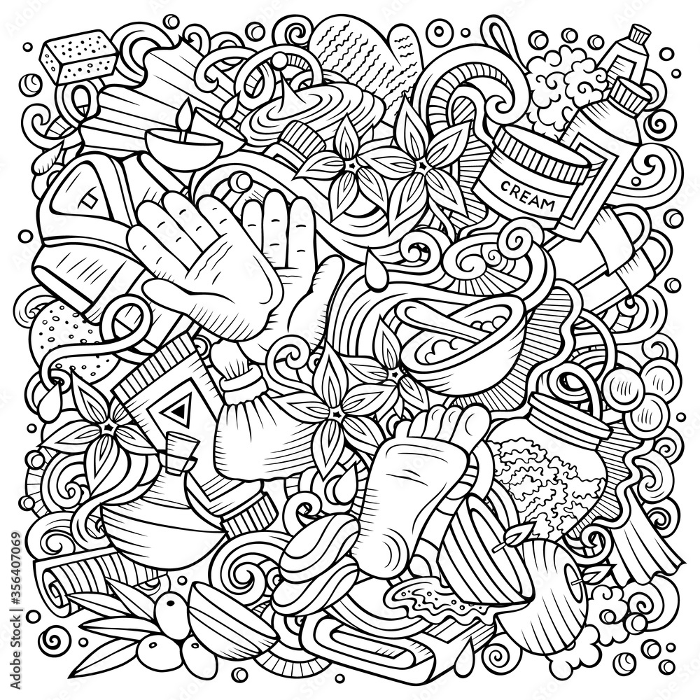 Fototapeta premium Massage hand drawn vector doodles illustration. Spa salon poster design.