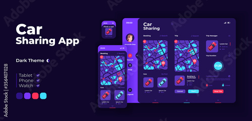 Car sharing app screen vector adaptive design template. Automobile for renting. Carpooling application night mode interface with flat characters. Smartphone, tablet, smart watch cartoon UI