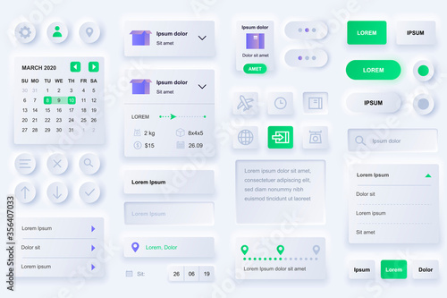 User interface elements for delivery mobile app. International express delivery, logistics and route tracking gui templates. Unique neumorphic ui ux design kit. Navigation, search form and components.