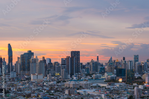 Aerial view of Bangkok city skyline at sunset