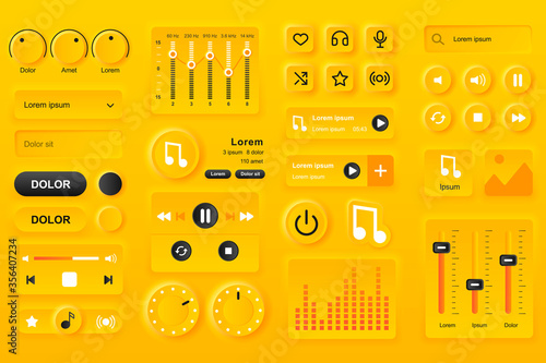 User interface elements for music player mobile app. Equalizer settings, playlist with compositions, search bar gui templates. Unique neumorphic ui ux design kit. Navigation and audio components.