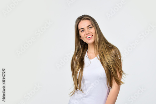 girl wear white only. trendy hipster girl isolated on white. woman casual style. trendy fashion look. concept of purity and hygiene. so clear. beautiful woman has stylish hair. copy space