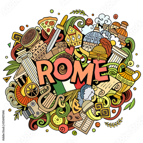 Rome hand drawn cartoon doodles illustration. Funny travel design.