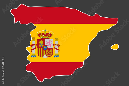 Spain flag map with white outline on dark grey background. Spain sticker map flag isolated on barely dark background.